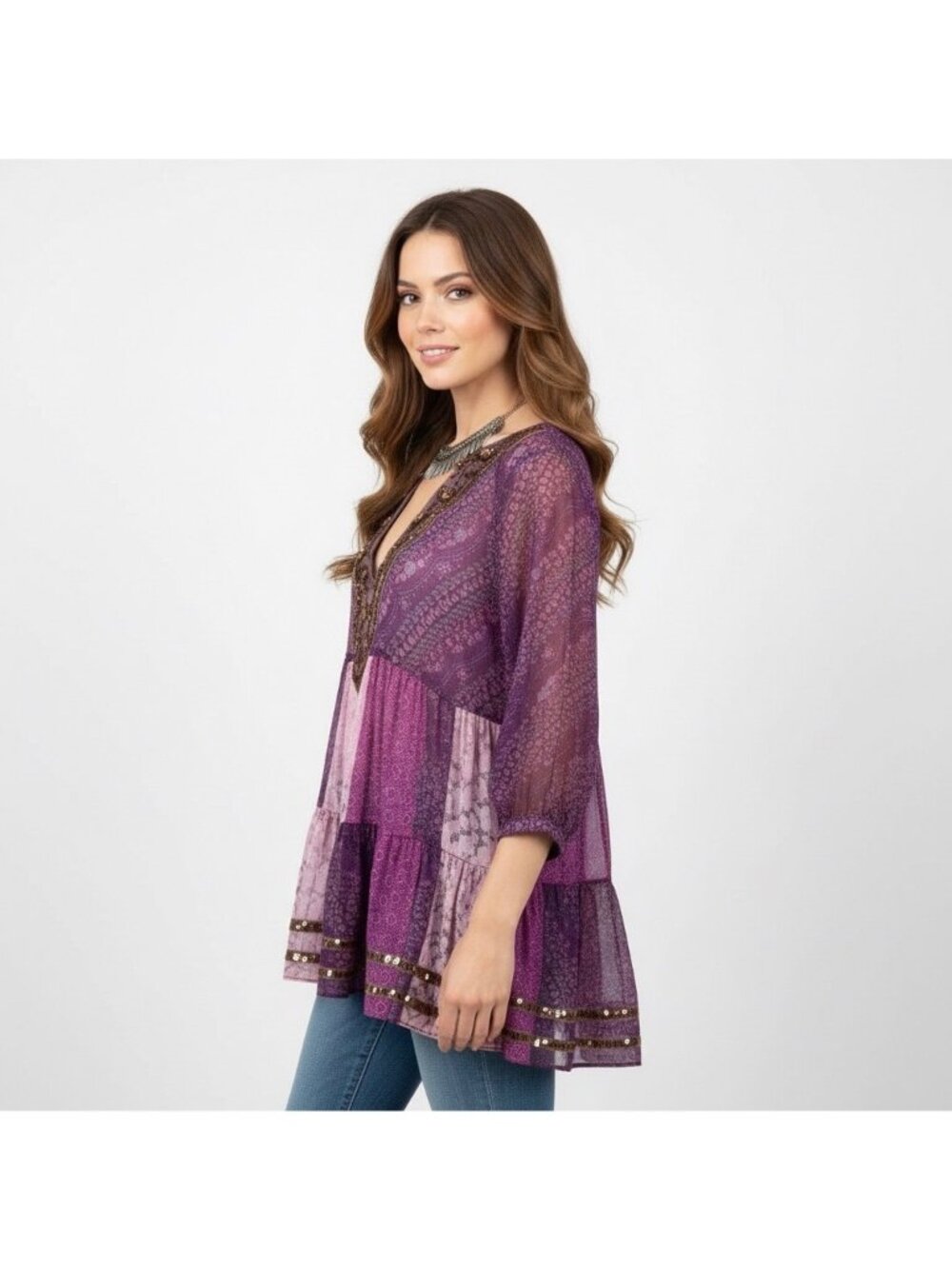VTG Free People Purple Patchwork Chiffon Top | Boho Grunge Fairy Whimsigoth Y2K - Picture 11 of 16